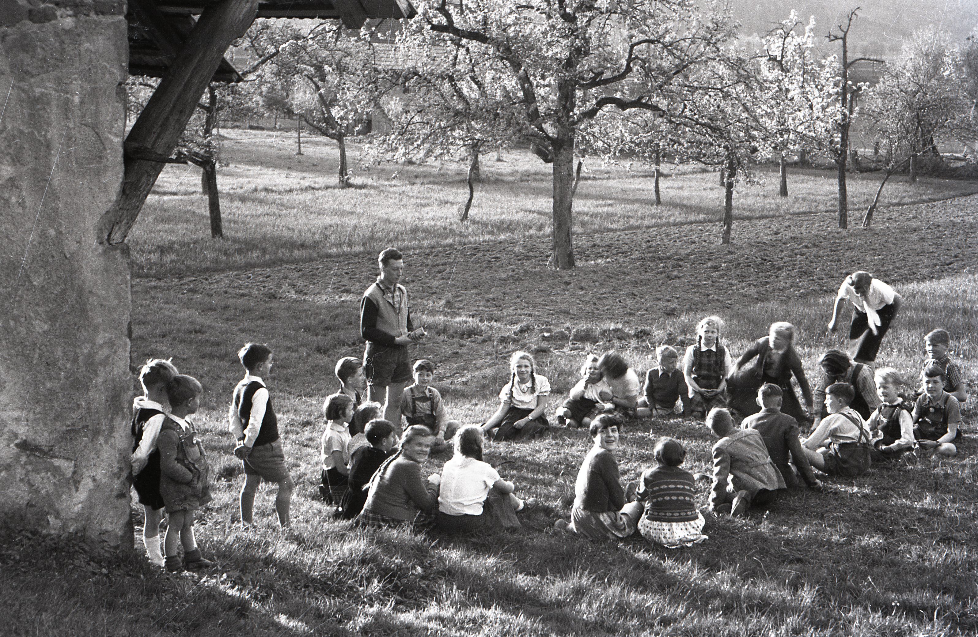 Kinder unter blühenden Obstbäumen, 1953
